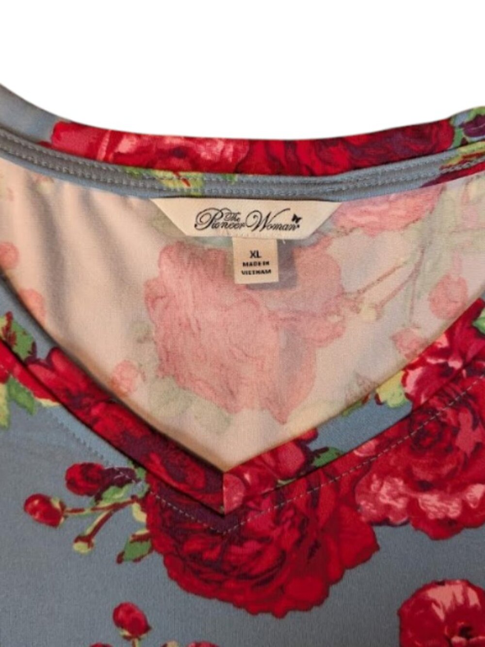 Pioneer Woman Blue Rose Floral Top XL Cottagecore Farmhouse Chic 3/4 Sleeve - Picture 5 of 7